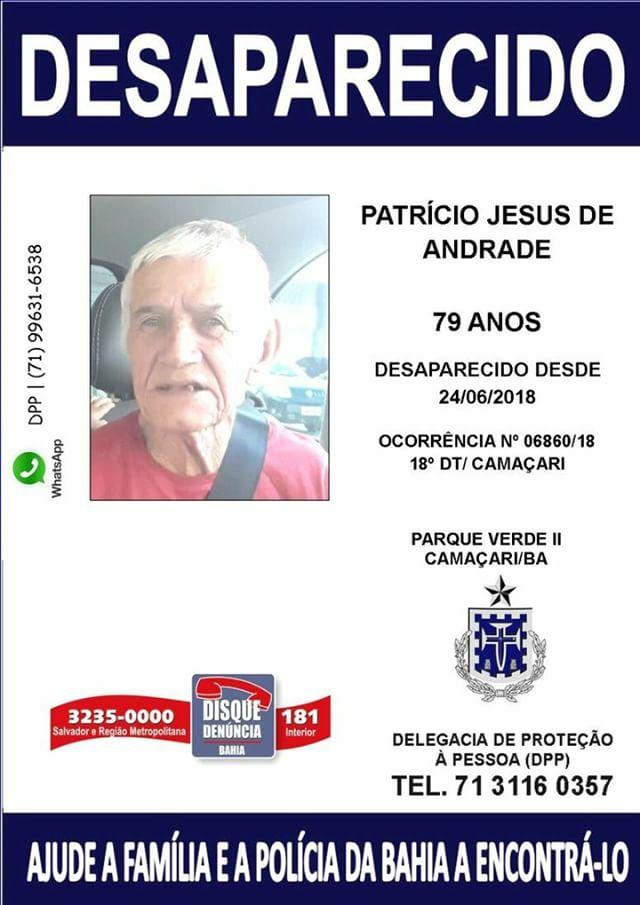 Desespero: Continua desaparecido o Sr. Patrício Jesus de Andrade